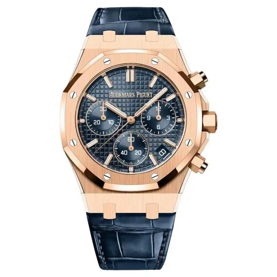 An Audemars Piguet Royal Oak Chronograph "50th Anniversary" in rose gold with a dark-blue dial and blue leather strap