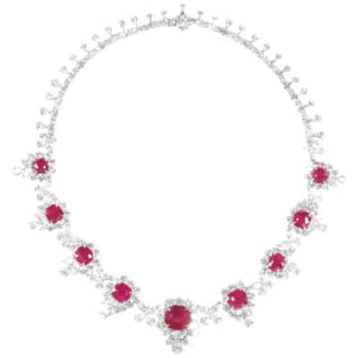 A diamond and ruby necklace, totaling over 36 carats. Offered by Diamond Scene.