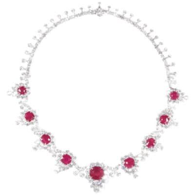 A diamond and ruby necklace, totaling over 36 carats. Offered by Diamond Scene. 