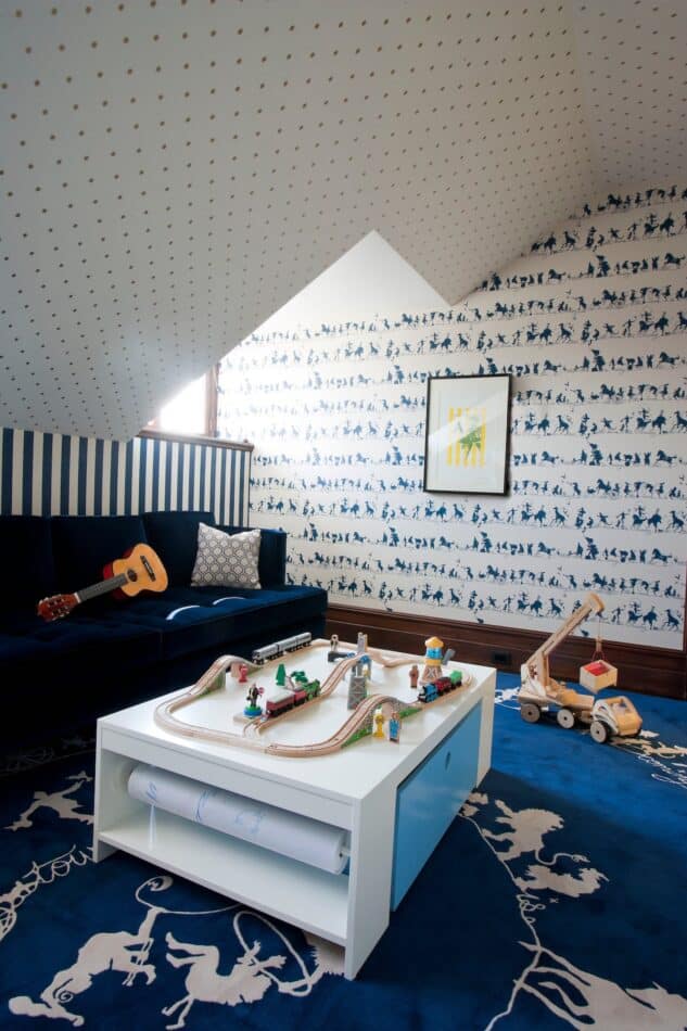 a blue and white children's playroom