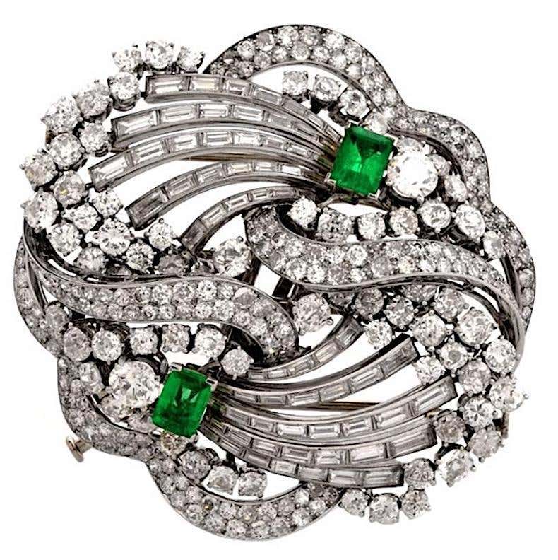Boucheron emerald and diamond platinum double clip brooch, 1960s