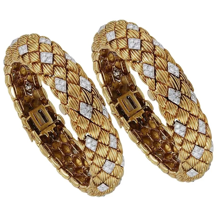 A matching pair of David Webb yellow-gold and white-diamond bracelets