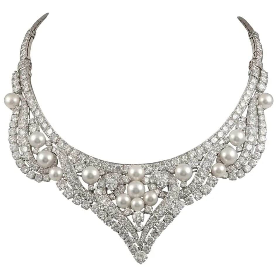 David Webb diamond and pearl necklace/tiara, 1960s, offered by Yafa Signed Jewels/Maurice Moradof 