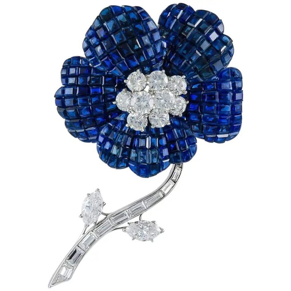 Van Cleef & Arpels diamond and Mystery Set sapphire brooch, 1970s, offered by Yafa Signed Jewels/Maurice Moradof