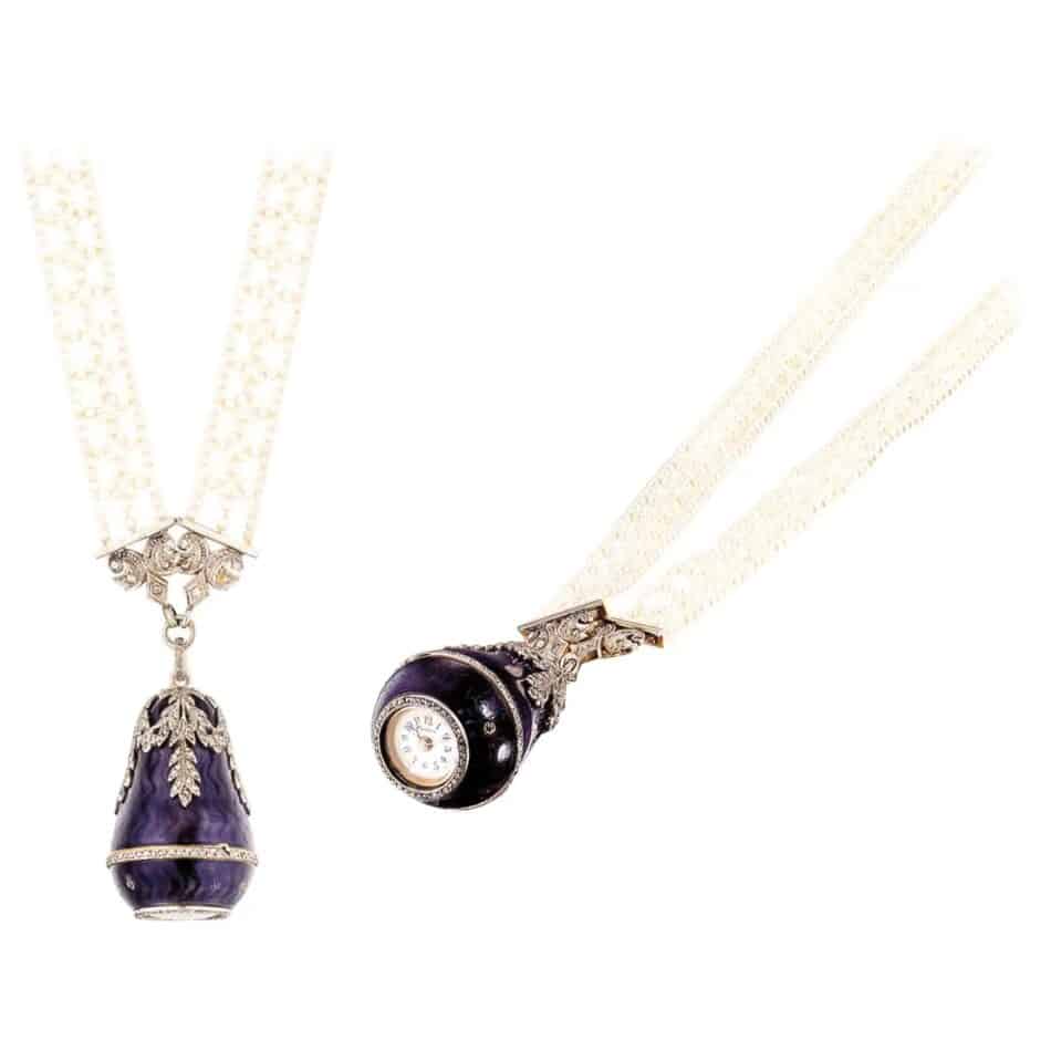 Cartier diamond and enamel bell-form pendant watch with pearl necklace, early 20th century