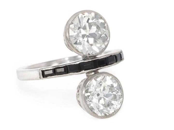 Art Deco "Toi et Moi" Old European Cut Diamond Ring with Onyx Accents