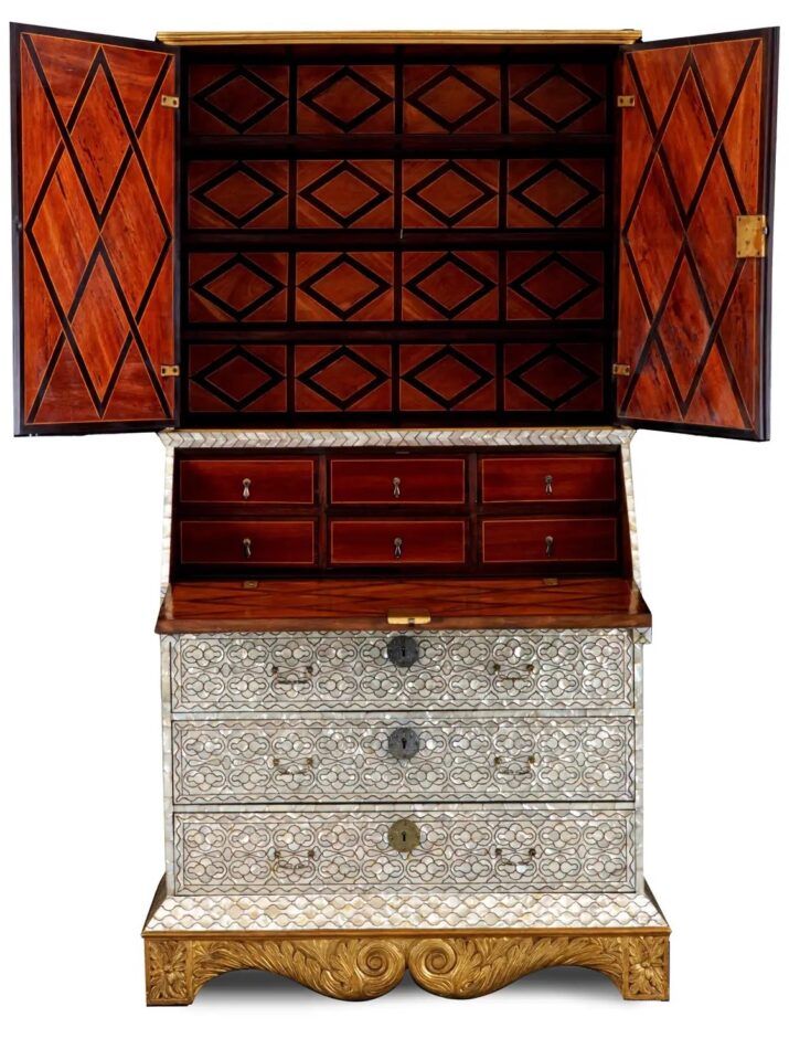 The interior of a 1720–60 Spanish Colonial mother-of-pearl-inlaid cabinet