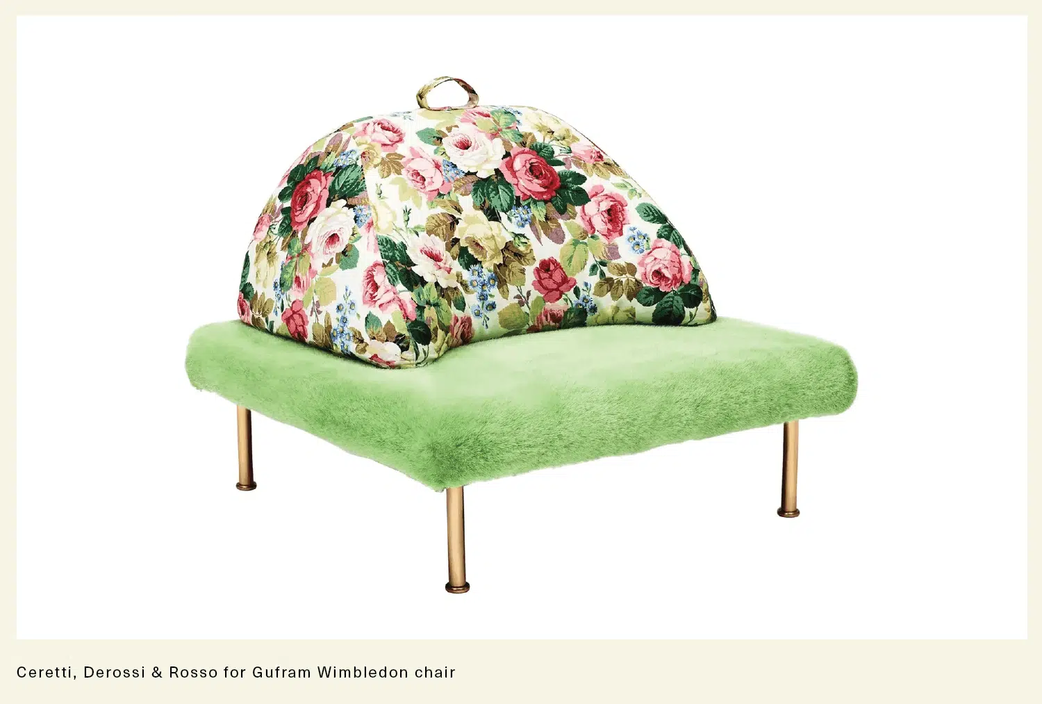 The Wimbledon chair, which was designed by Ceretti, Derossi & Rosso for Gufram, features chintz upholstery