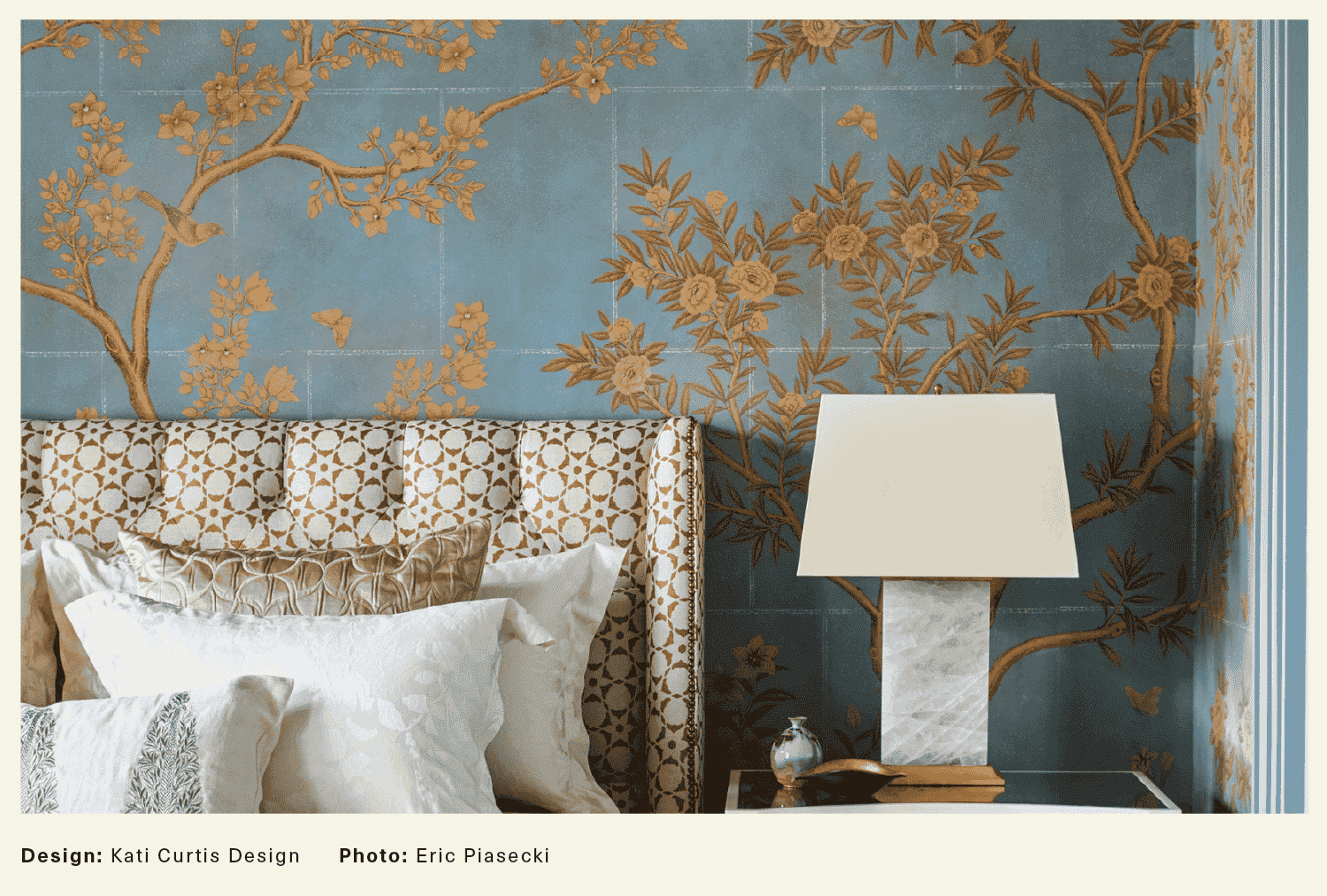 Bedroom with blue and gold chintz wallpaper