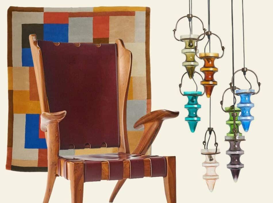 A 20th-century rug, arm chair and pendant light, offered by Almond & Co.