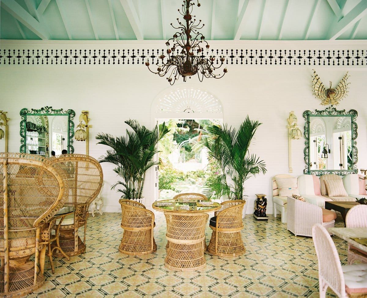 The lobby and reception area of the Dominican Republic’s Playa Grande Beach Club, designed by Celerie Kemble of Kemble Interiors