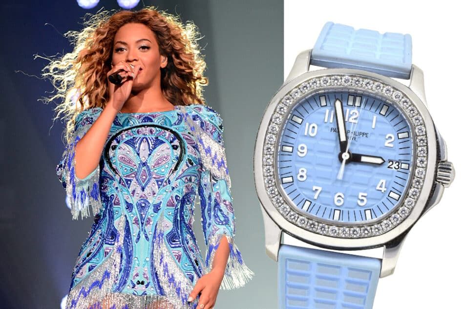 Left: Beyoncé performs in New York during the "The Mrs. Carter Show World Tour" in August 2013. Right: A 2010 Patek Philippe Aquanaut watch in steel with diamond bezel, offered by Brilliance Jewels