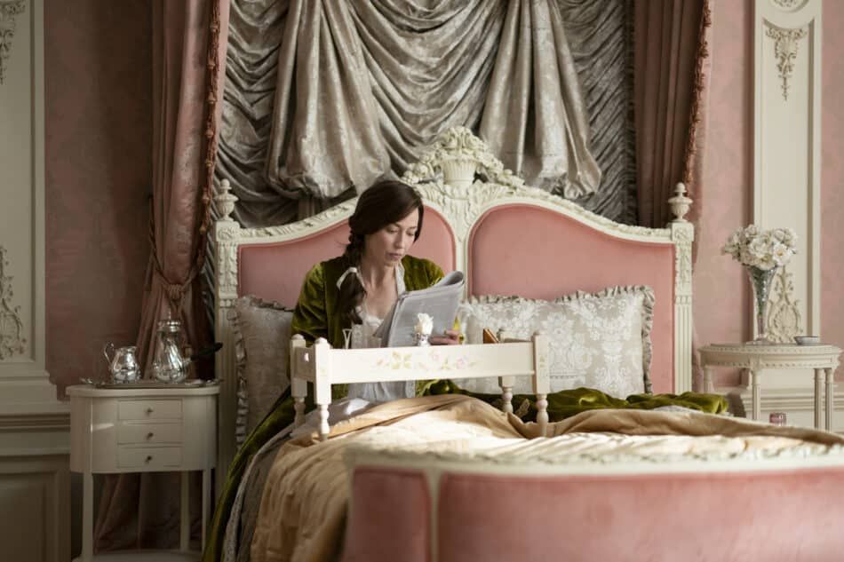 An image of Mrs. Russell's bedroom, inspired by real-life socialite Alva Vanderbilt's bedroom in her Newport mansion, Marble House. 