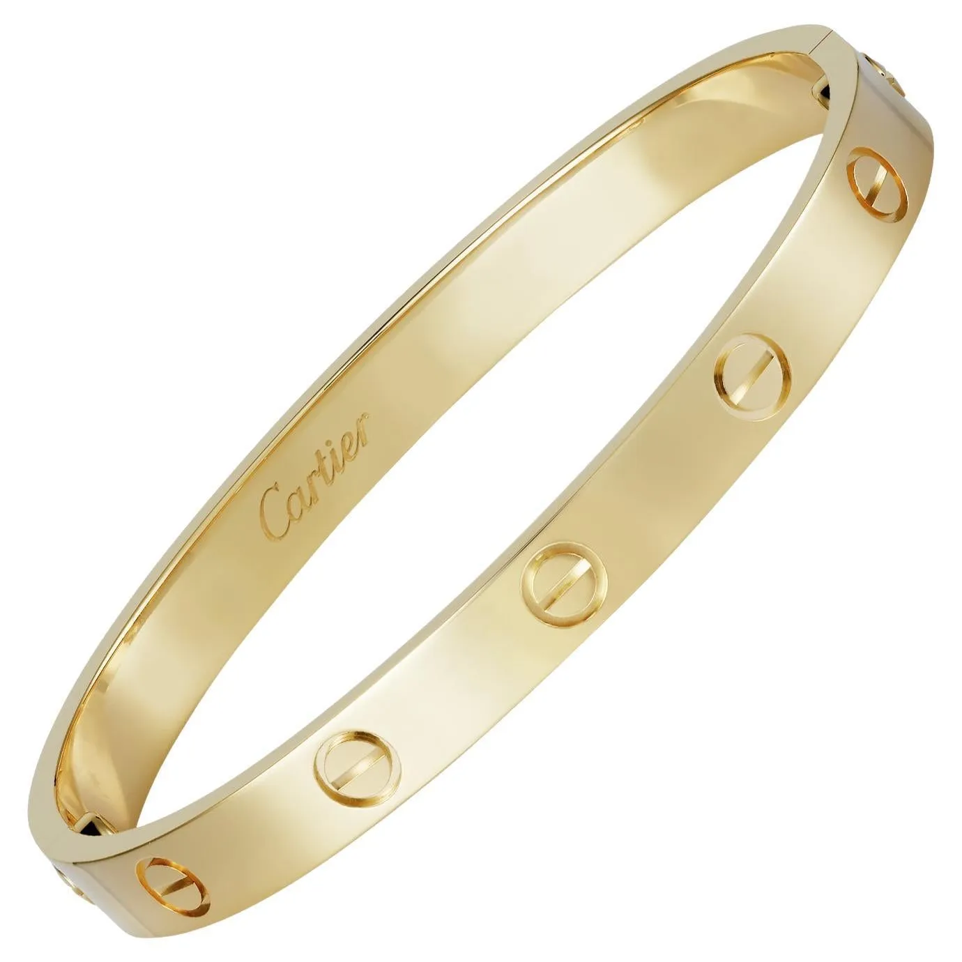 A yellow-gold Cartier Love bracelet pictured with a right-leaning slant 