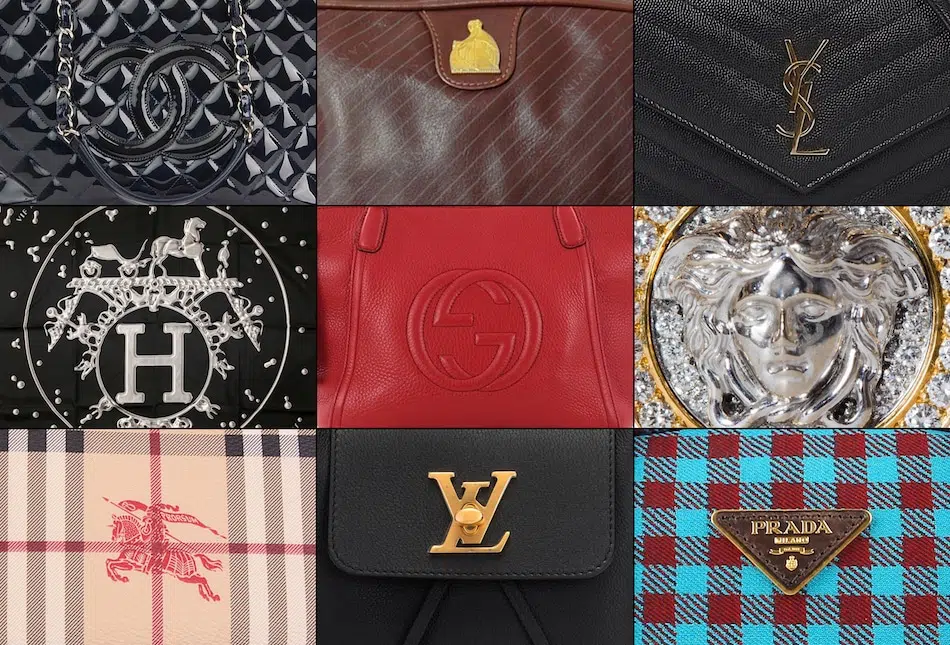 logos of Chanel, Lanvin, YSL, Hermes, Gucci, Versace, Burberry, Louis Vuitton, Prada