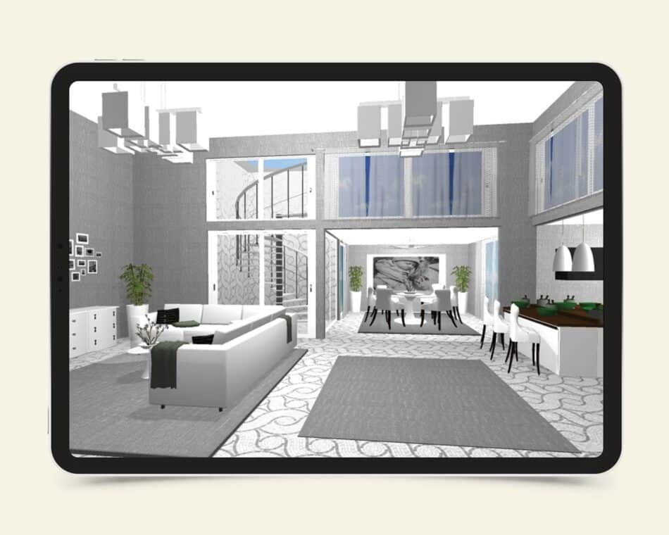A tablet showing a recreation of a house with multiple rooms and white decor