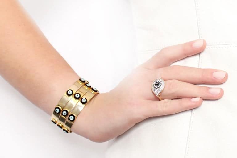 Clarissa Bronfman 14 Karat Yellow Gold Evil Eye Ring with Diamonds and Enamel 'Dino Evil Eye' Gold Bangles