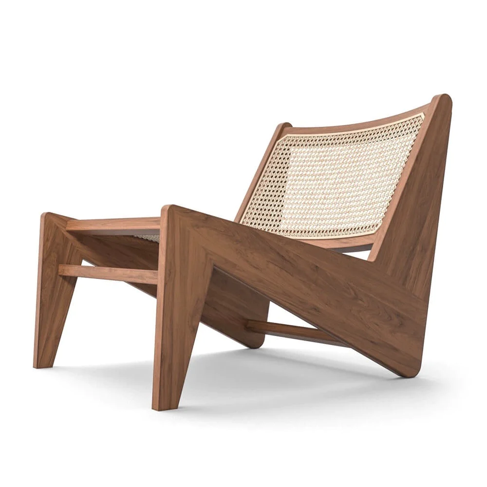 The Pierre Jeanneret Easy chair is a wooden lounger with a woven seat.