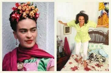 Photograph of Frida Kahlo on the left, Photograph of Diane von Furstenberg jumping on a bed on the right