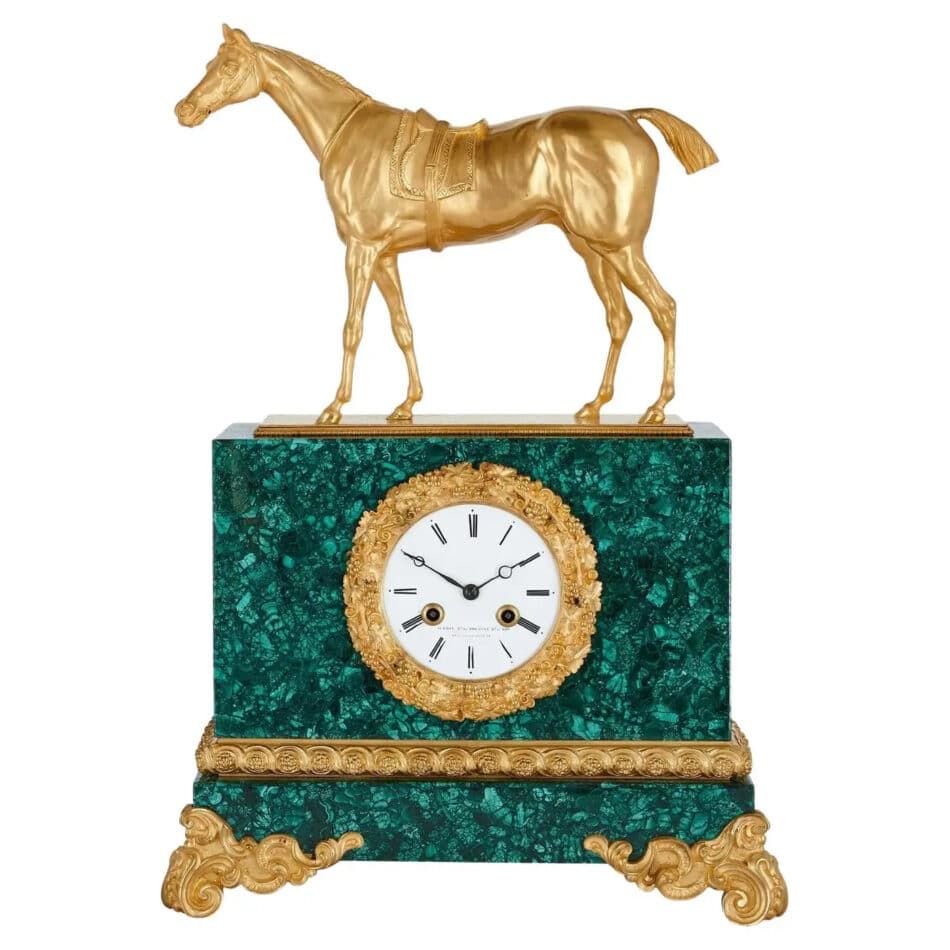 Charles X ormolu and malachite equestrian mantel clock, early 19th century
