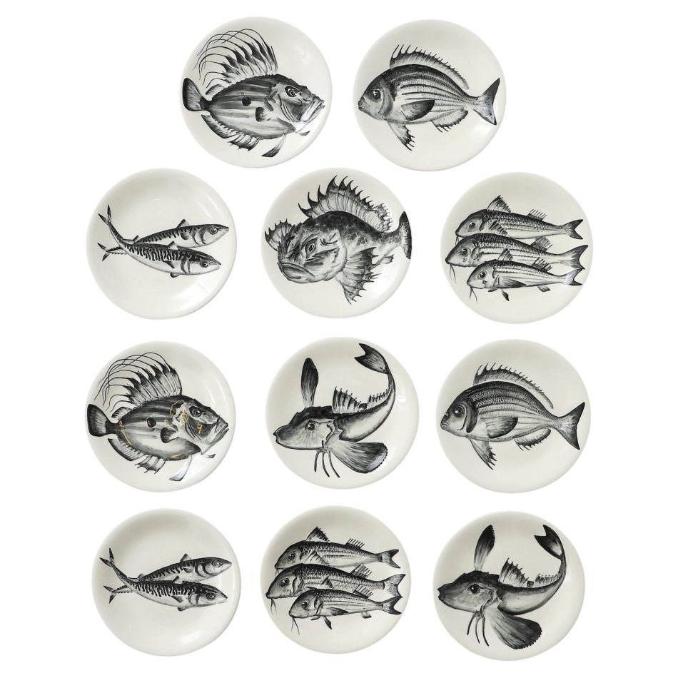 French hand-decorated fish plates, 1970s