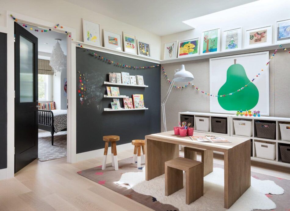 a childrens palyroom with a chalkboard