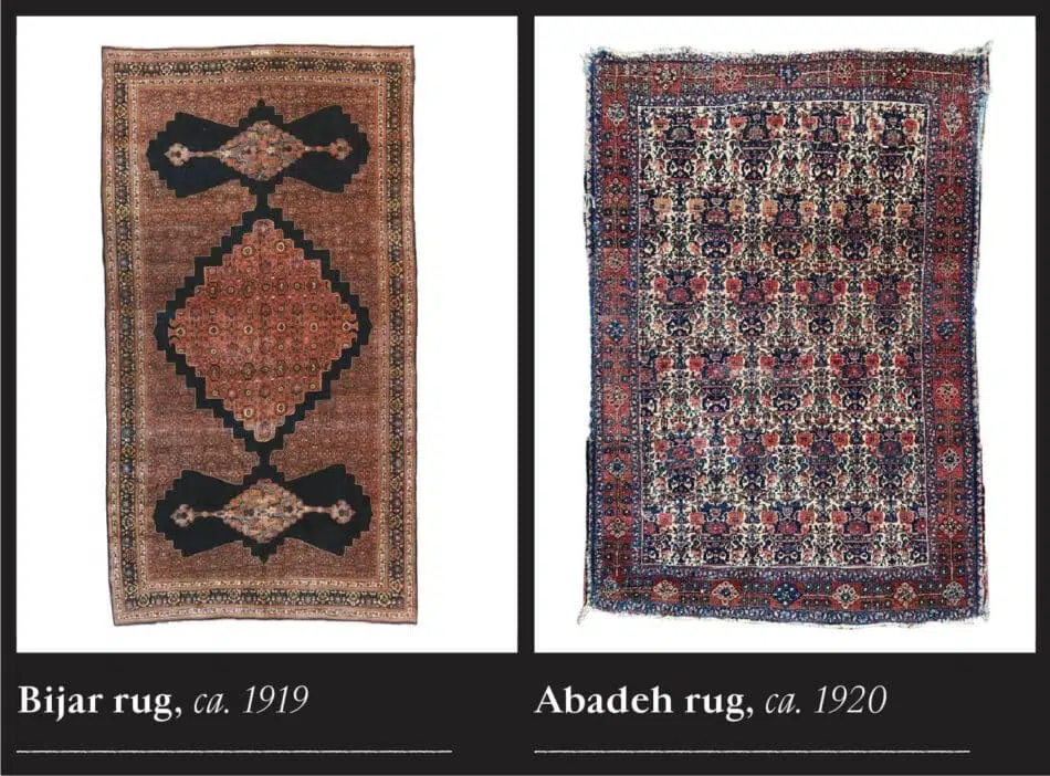 Photographs of two styles of Persian rugs that are categorized as village rugs — a Bijar and Abadeh 