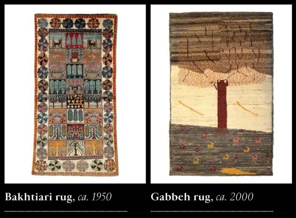 Photographs of two styles of Persian rugs that are categorized as tribal rugs — a Bakhtiari and Gabbeh rug