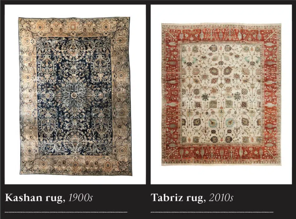Photographs of two styles of Persian rugs that are categorized as city rugs — a Kashan and Tabriz rug
