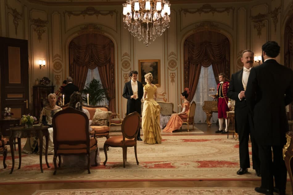A still from HBO's The Gilded Age of guests in the parlor