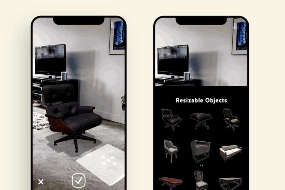 Two phones showing desk chairs artificially place in a room