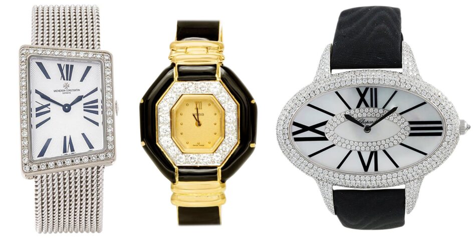 Vacheron Constantin Asymmetric MCMLXXII wrist watch, ca. 2010; David Webb gold and black enamel with diamonds watch, 1980; Chopard diamond and mother of pearl oval-shaped watch, 21st century-watch shapes 6