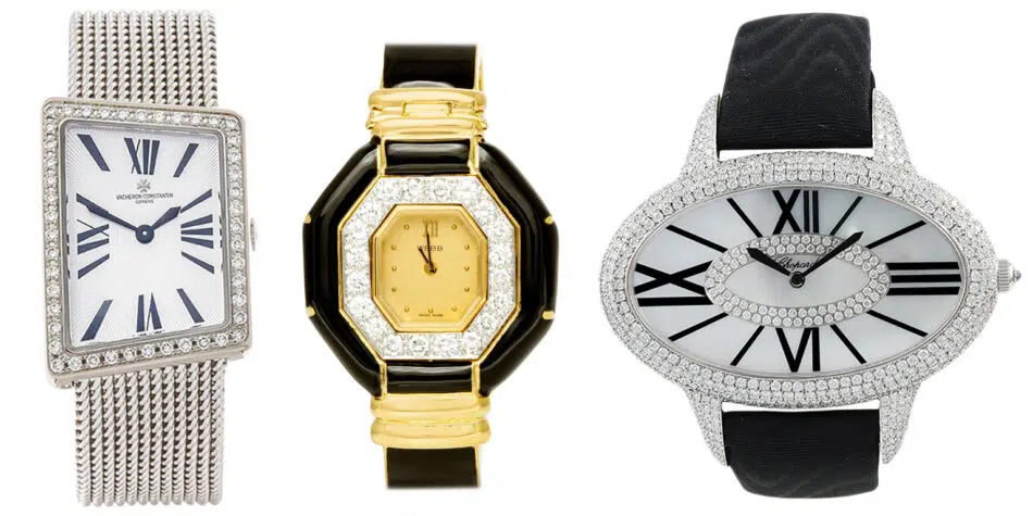 Vacheron Constantin Asymmetric MCMLXXII wrist watch, ca. 2010; David Webb gold and black enamel with diamonds watch, 1980; Chopard diamond and mother of pearl oval-shaped watch, 21st century-watch shapes 6