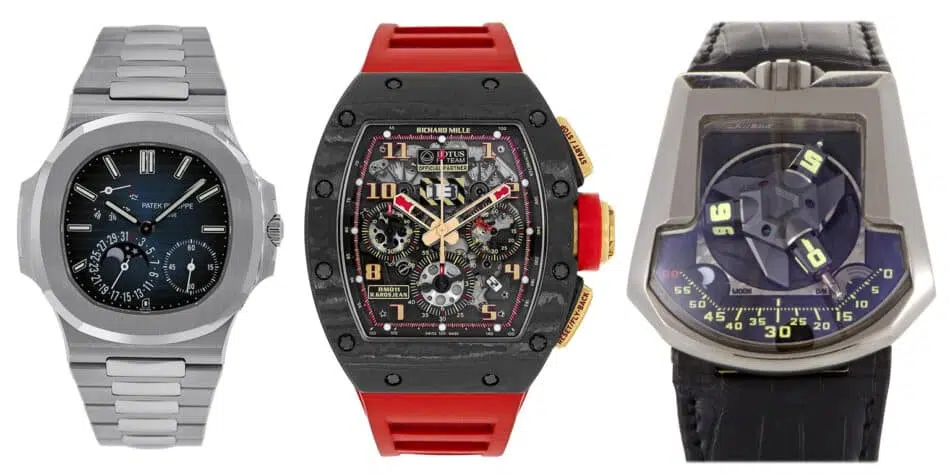 Patek Philippe Nautilus 5712/1A, 2008; Richard Mille RM 011356399, 2010; Urwerk UR 202 Men's Automatic Watch 202/WG, 21st century-watch shapes 5