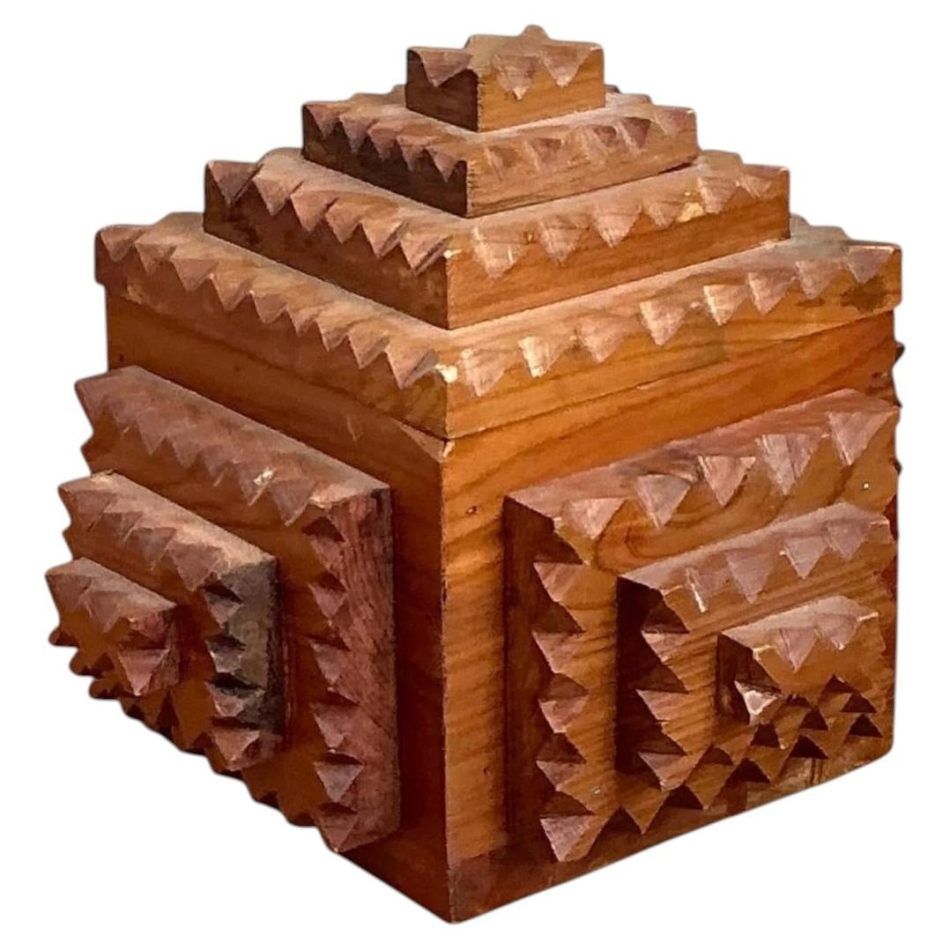 Tramp art carved wooden box, mid-20th century