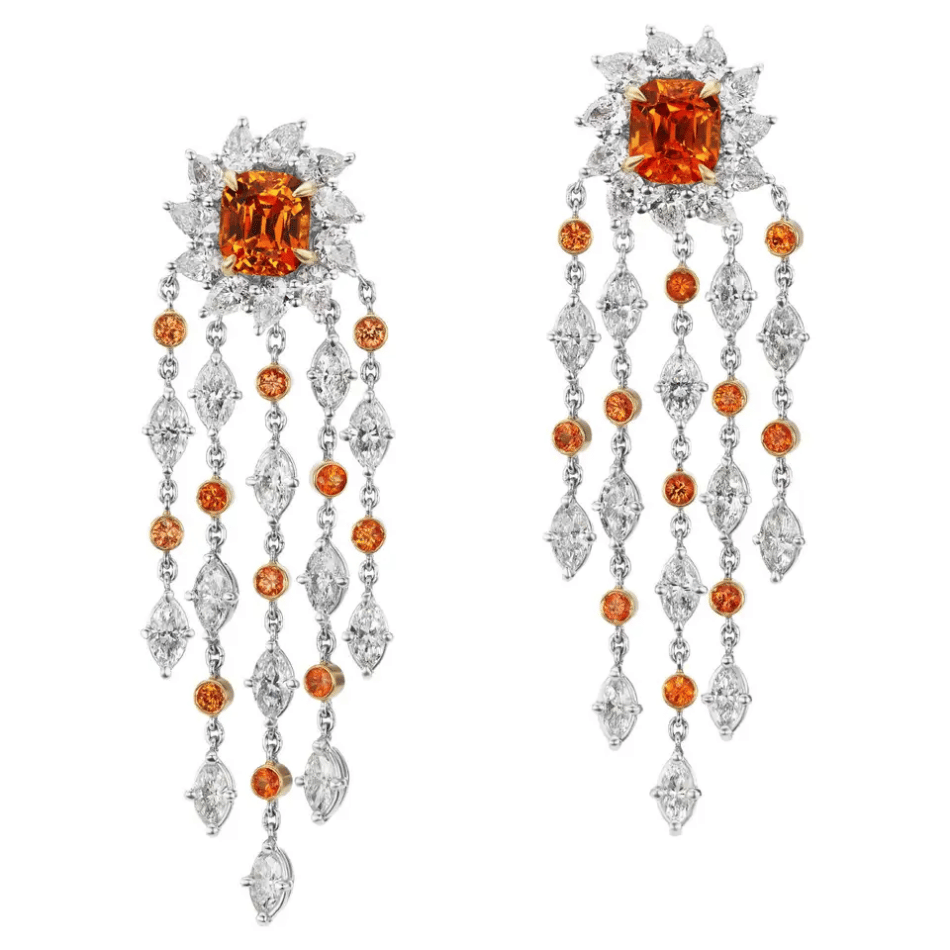 Orange spessartite garnet, sapphire and diamond halo interchangeable earrings