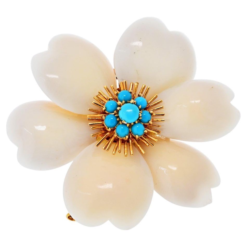 Van Cleef & Arpels white coral and turquoise Rose de Noël brooch, 20th century