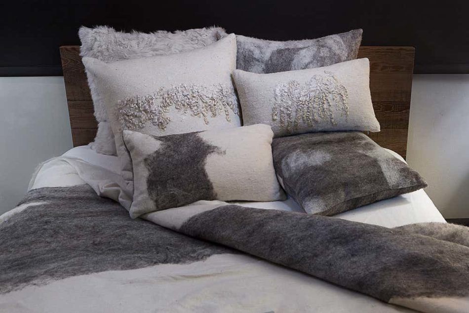 JG Switzer pillows and blanket made from felted Shetland sheep wool
