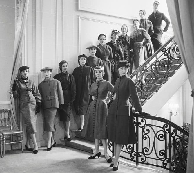 Models sport The New Look in this 1953 photograph by Mark Shaw. "The First Thirteen Diors, 19533", offered by Liz O'Brien.
