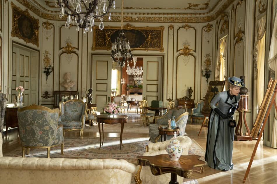 The drawing room of the show's wealthy widow, Sylvia Chamberlain, shot in Briarcliff Manor, New York