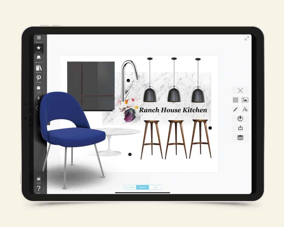 A tablet showing a kitchen moodboard including a blue chair, barstools, light fixtures and cabinets