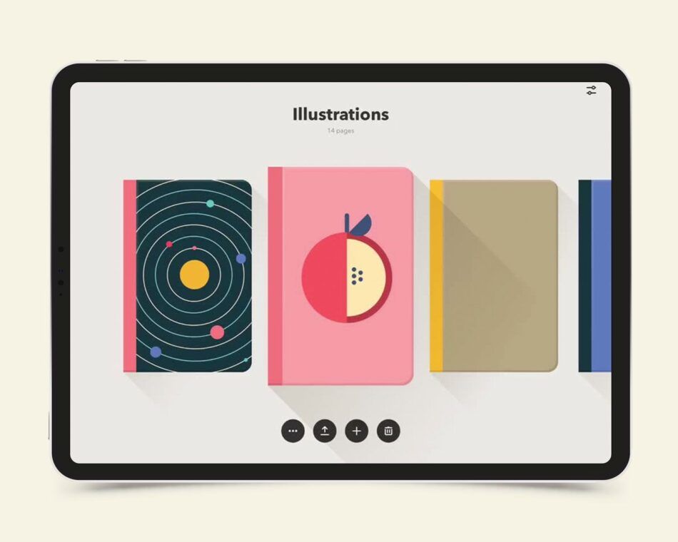 A tablet showing illustrations of a solar system and an apple