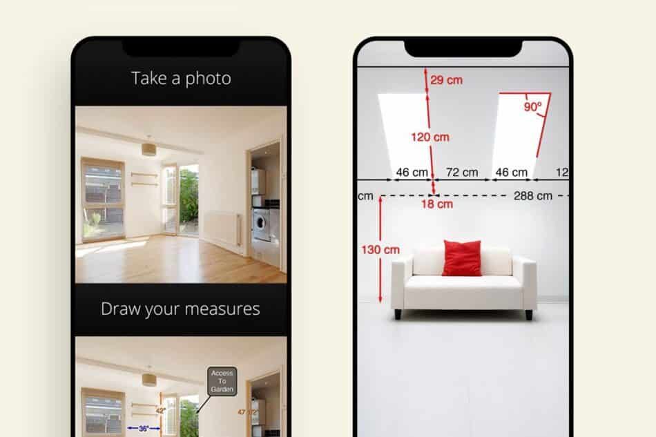 Two phones showing photos of a room and a room with a couch with measurements throughout