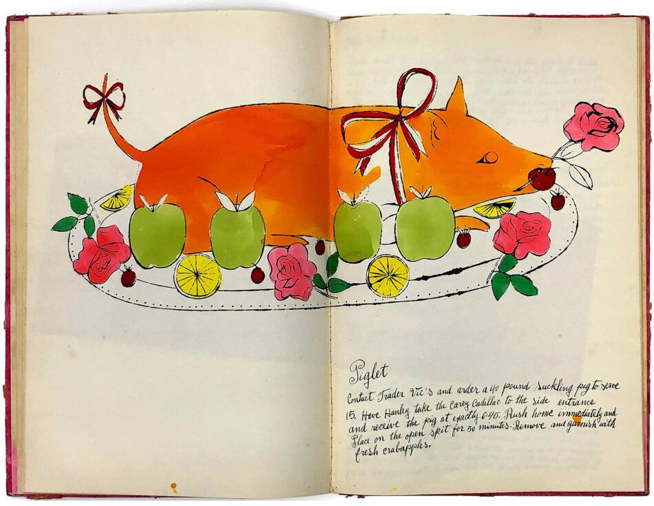 Andy Warhol's illustration for Piglet, a recipe by Suzie Franfurt, in their book Wild Raspberries. 