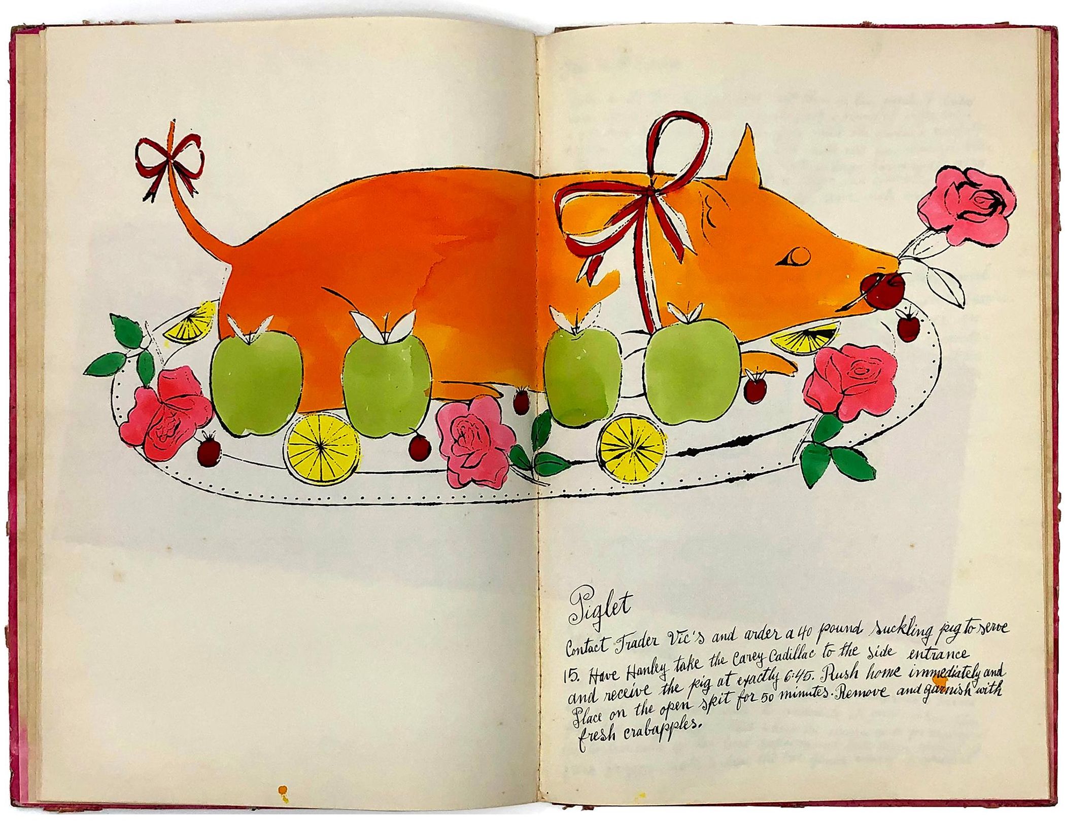 A recipe for Piglet from Andy Warhol and Suzie Frankfurt's cookbook Wild Raspberries.