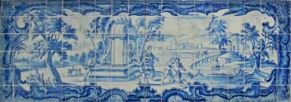 Rustic 18th-century scene — populated by a troubadour a shepherd and a maid with two children — comprising 108 azulejos