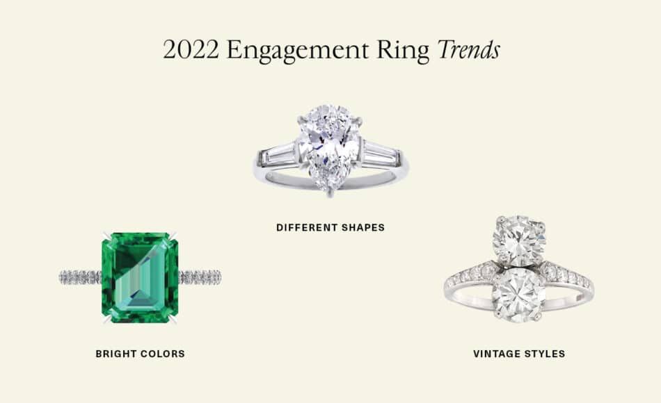 2022 engagement ring trends featuring an emerald ring on the left, uniquely shaped ring in the middle and vintage style ring on the right