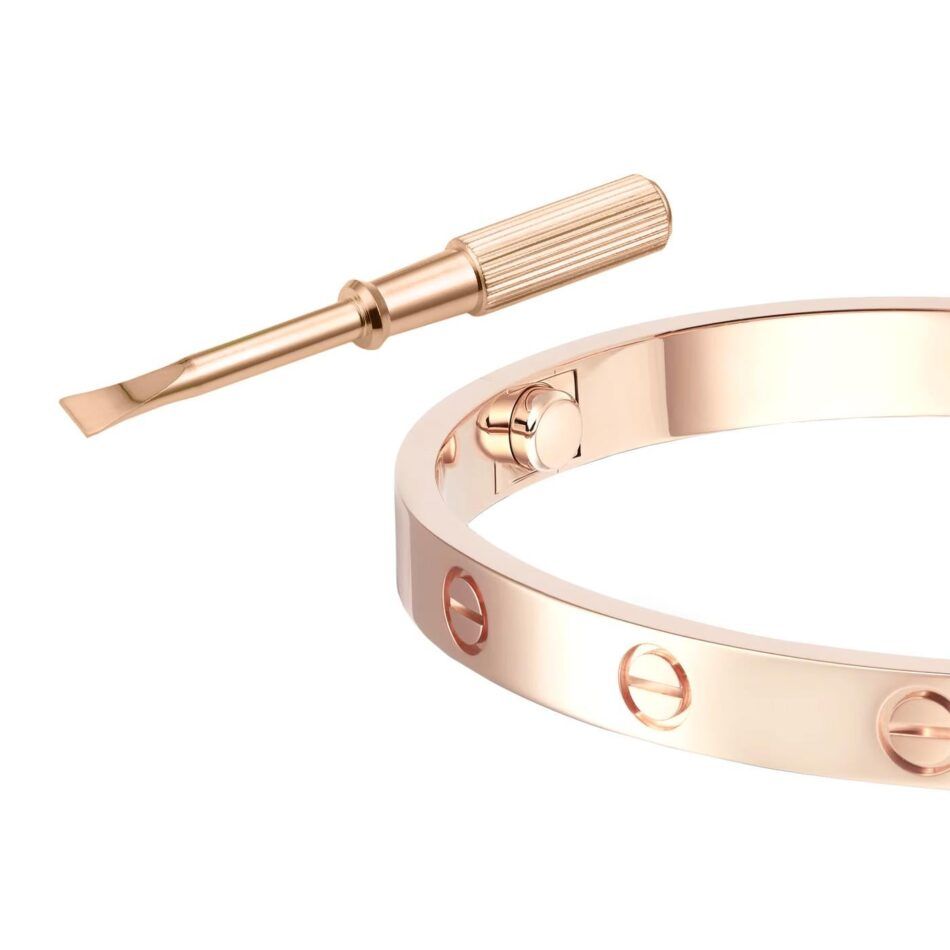 A rose-gold Cartier Love bracelet with a screw design and matching screwdriver