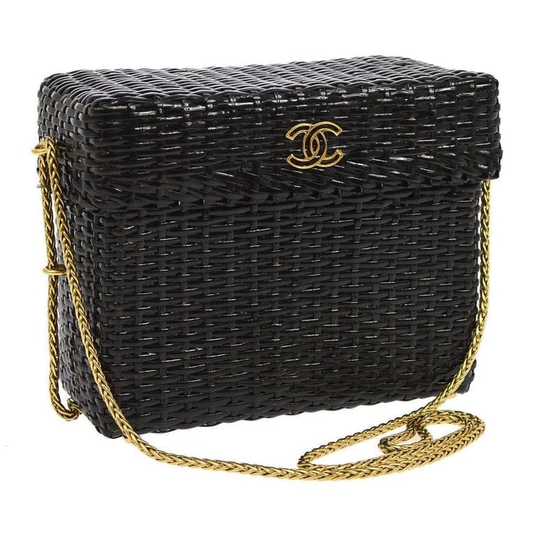 Chanel Black Wicker Picnic Lunch Box Evening Shoulder Bag