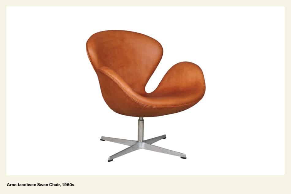 The Arne Jacobsen Swan chair, 1960s, is a classic example of Scandinavian modern furniture design.